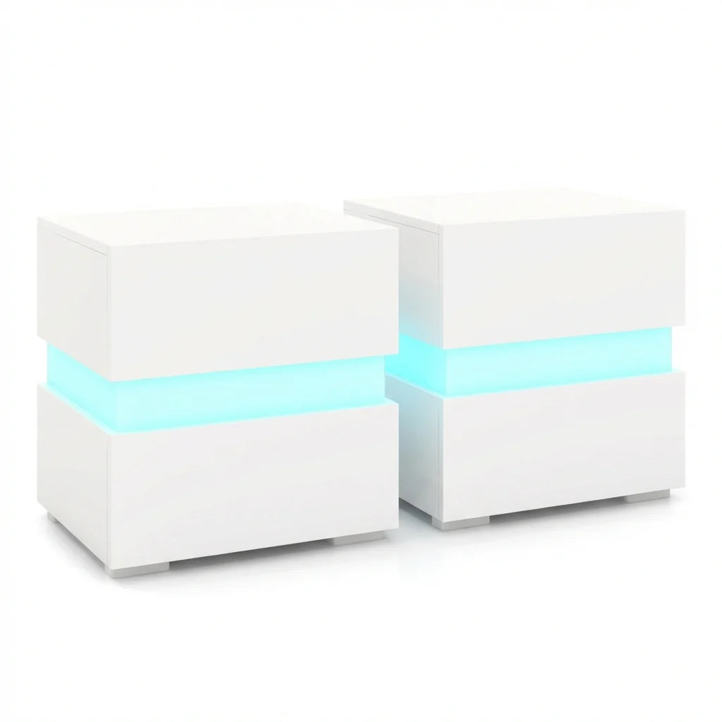 Set of 2 Bedside Table LED Nightstand with Drawers-Black