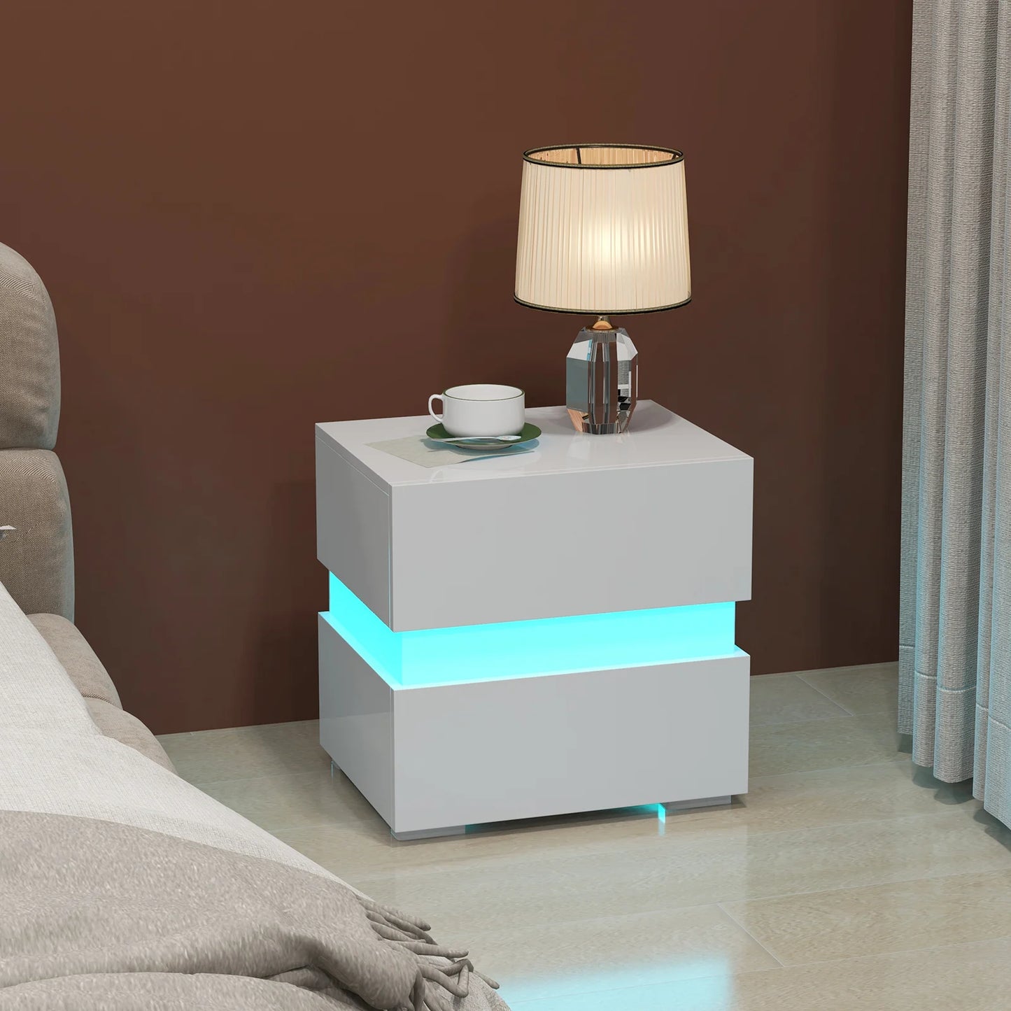 Set of 2 Bedside Table LED Nightstand with Drawers-Black