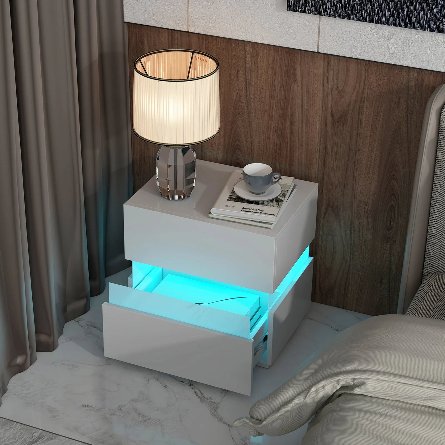 Set of 2 Bedside Table LED Nightstand with Drawers-Black