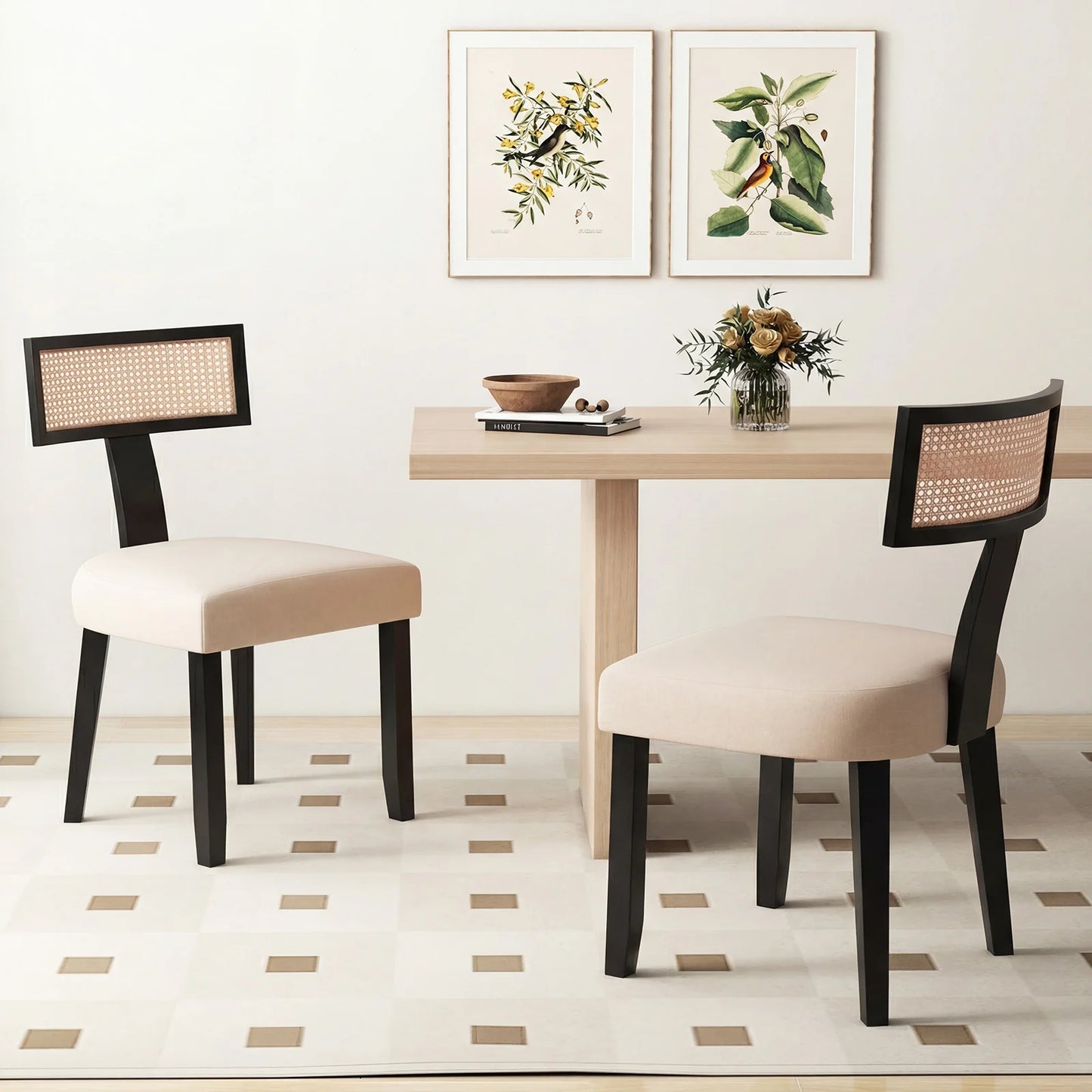 Set of 2 Dining Chairs Linen Fabric Upholstered Accent Chairs-Black