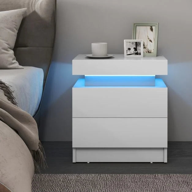 Set of 2 Faux Marble Modern Nightstand with Drawers and LED Light White