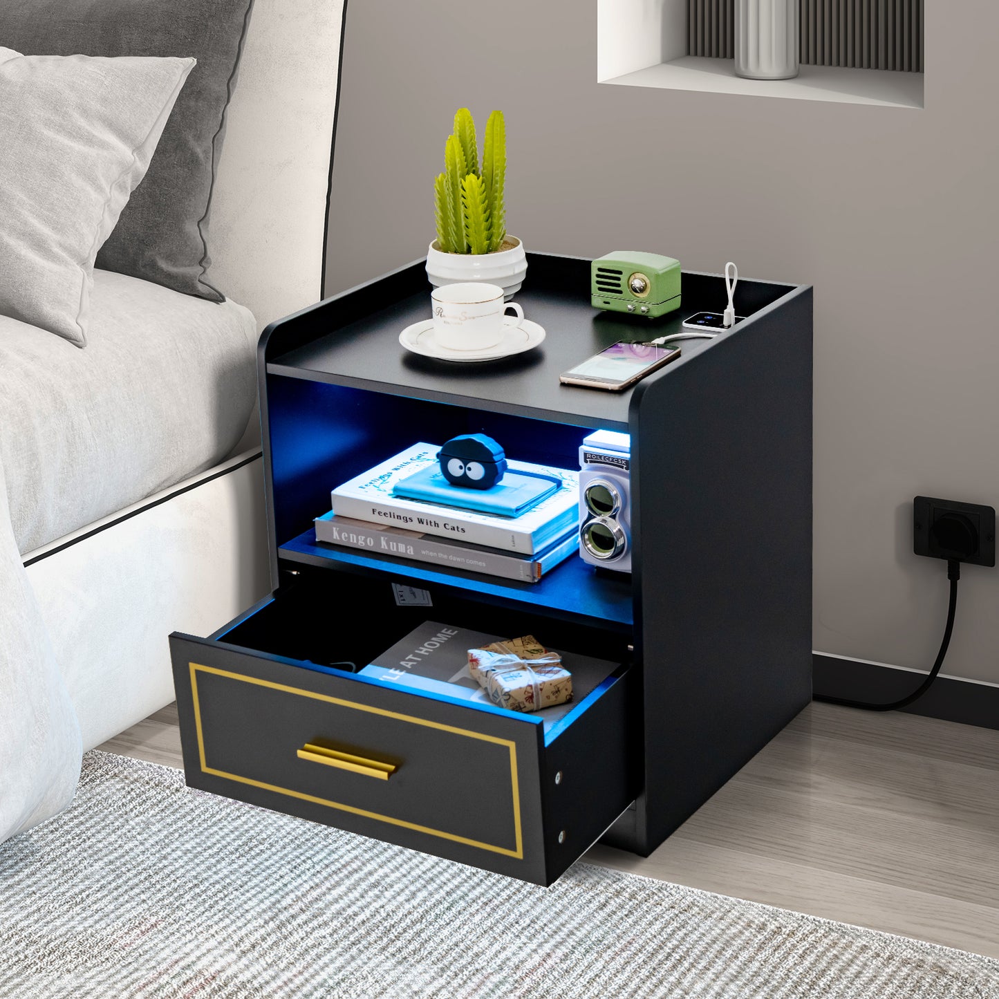Set of 2 LED Nightstand with USB and Type-C Port-White
