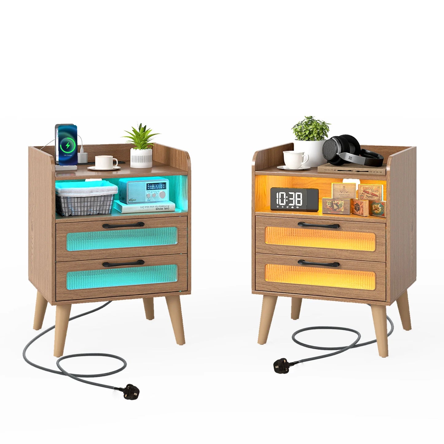 Set of 2 Mid Century Nightstand Modern Bedside Table with Charging Station-Black