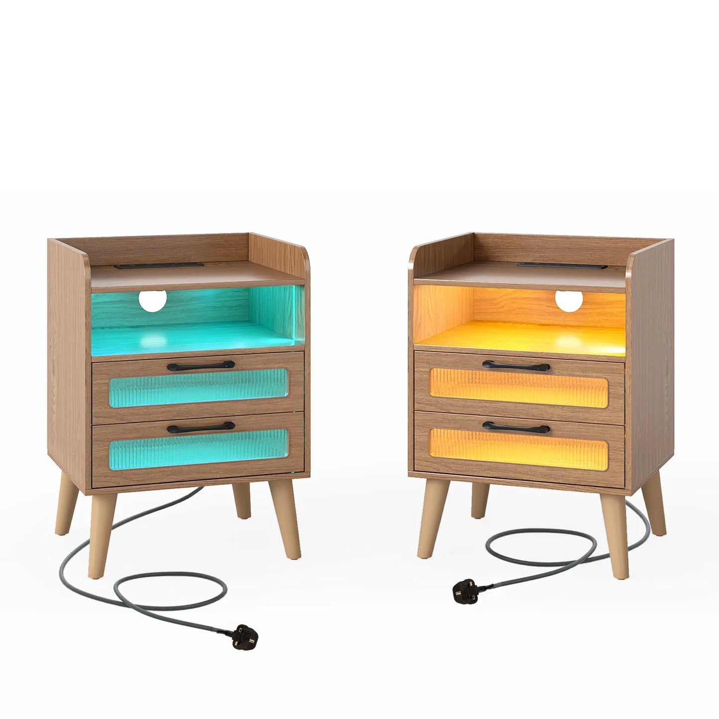 Set of 2 Mid Century Nightstand Modern Bedside Table with Charging Station-Black