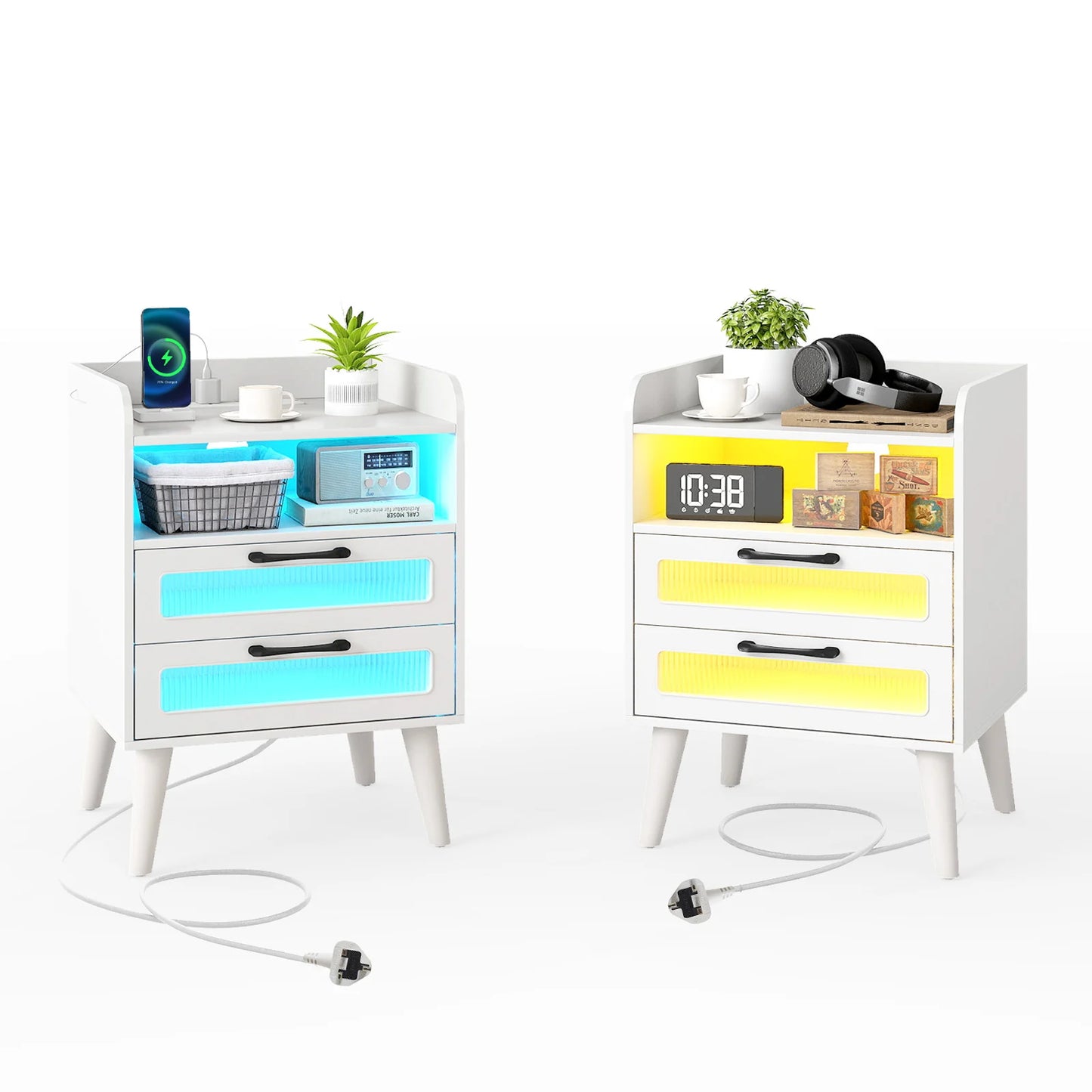 Set of 2 Mid Century Nightstand Modern Bedside Table with Charging Station-Black