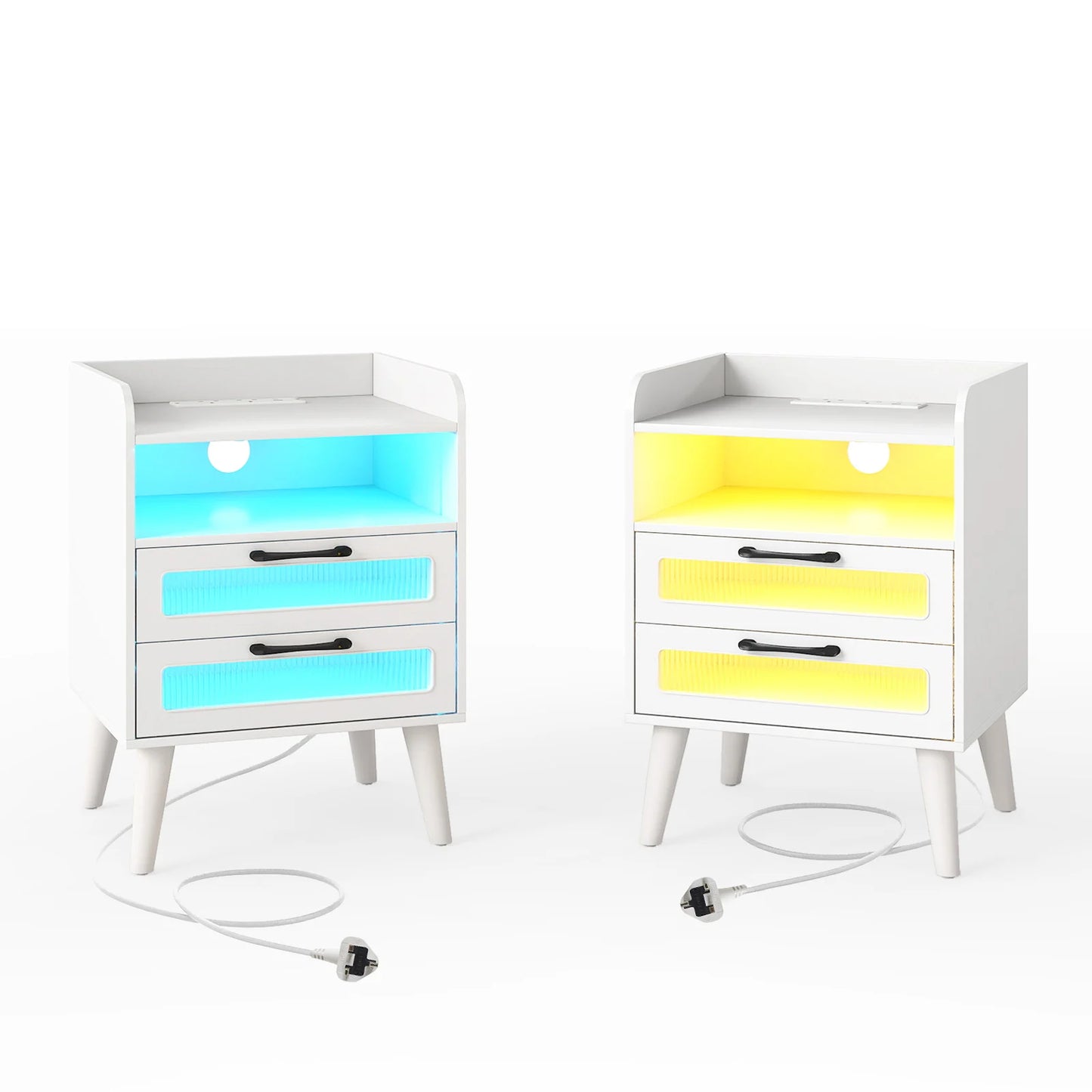 Set of 2 Mid Century Nightstand Modern Bedside Table with Charging Station-Black