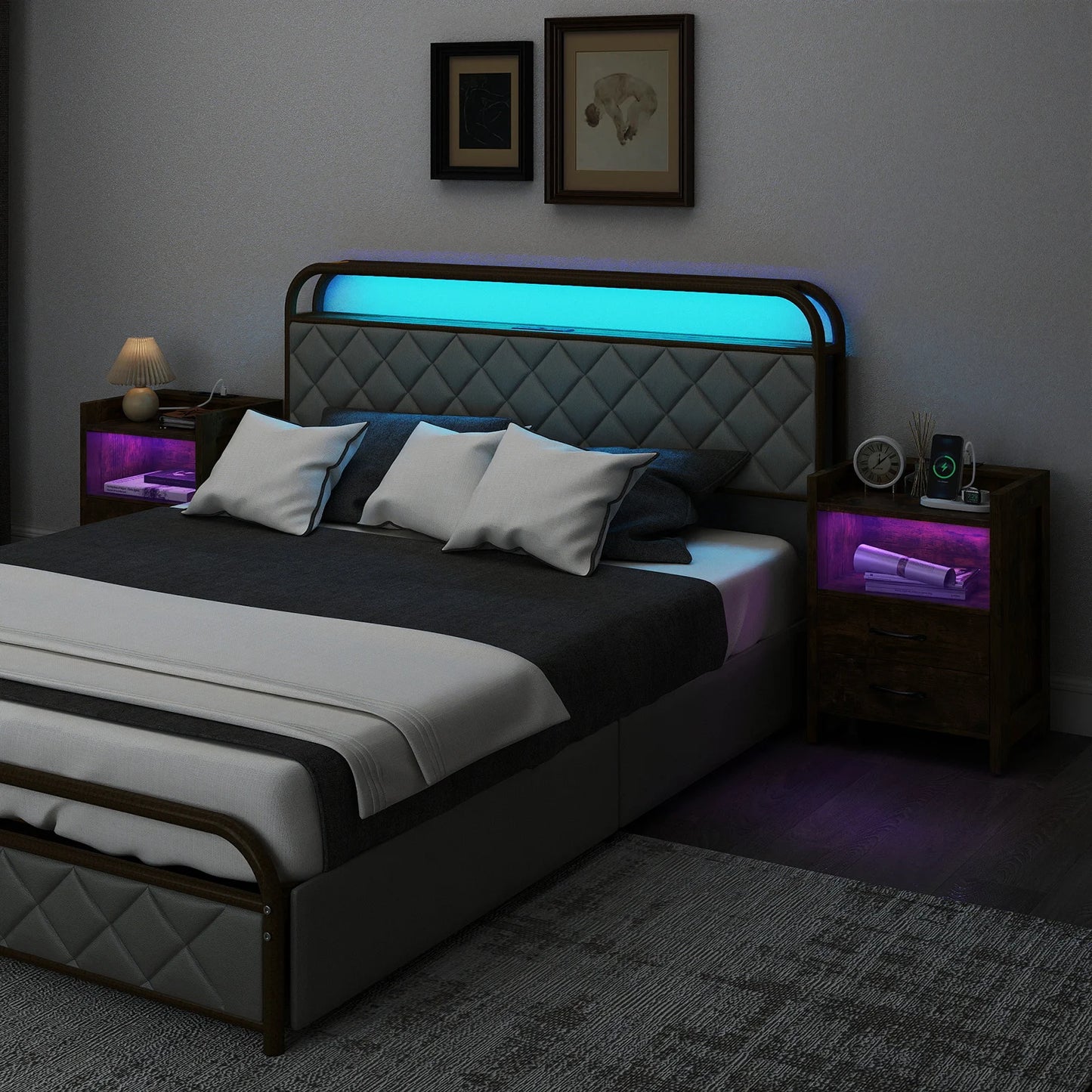 Set of 2 Nightstand with LED Lights and Power Outlets for Living Room-White