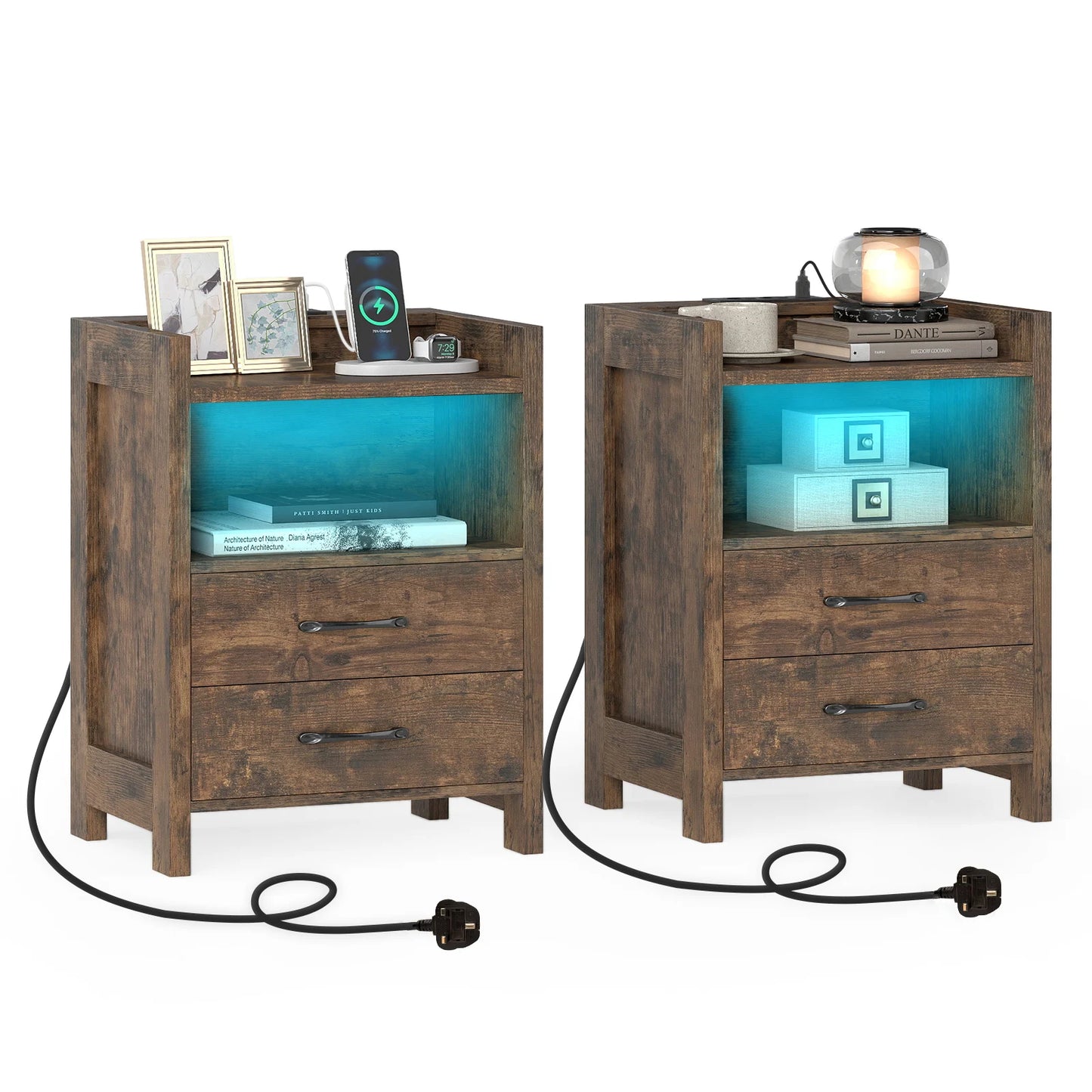 Set of 2 Nightstand with LED Lights and Power Outlets for Living Room-White