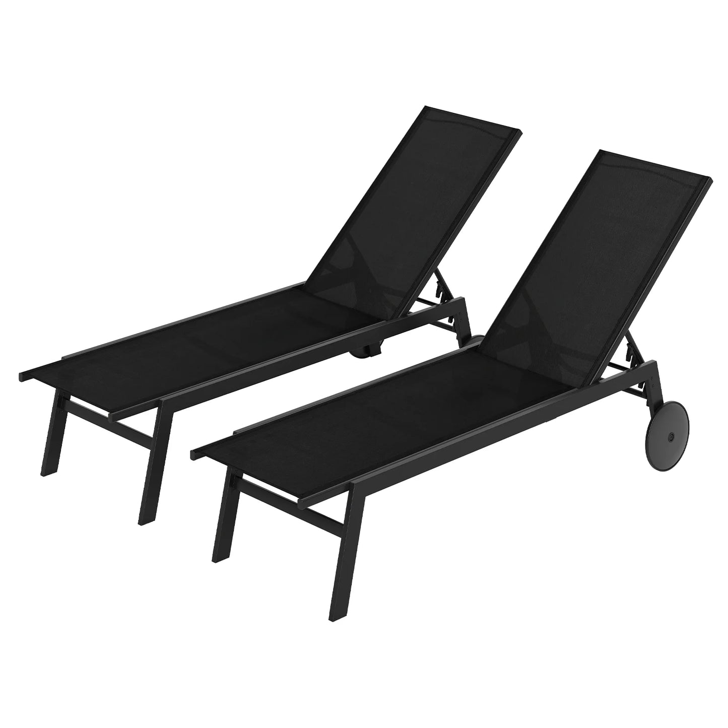 Set of 2 Patio Chaise Lounge Chair with Wheels Outdoor Recliner with 6-Level Adjustable Backrest-Grey