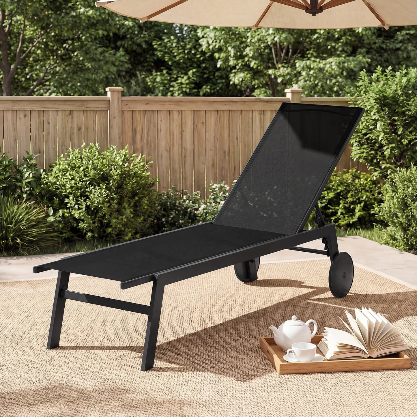 Set of 2 Patio Chaise Lounge Chair with Wheels Outdoor Recliner with 6-Level Adjustable Backrest-Grey