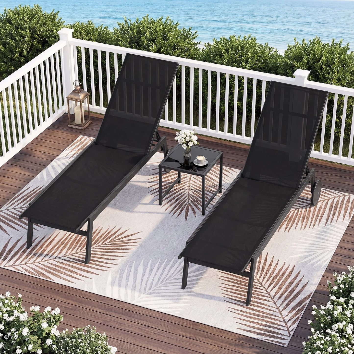 Set of 2 Patio Chaise Lounge Chair with Wheels Outdoor Recliner with 6-Level Adjustable Backrest-Grey