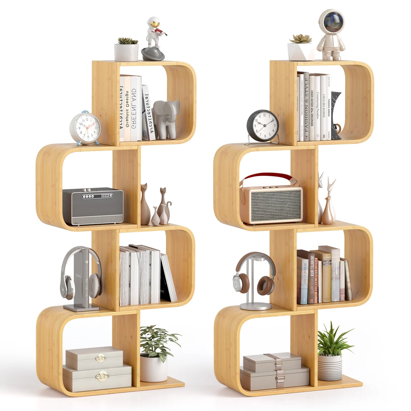 Set of 2 S-Shaped Bookcase Bamboo Bookshelf with 2 Open Cubes-3-Tier