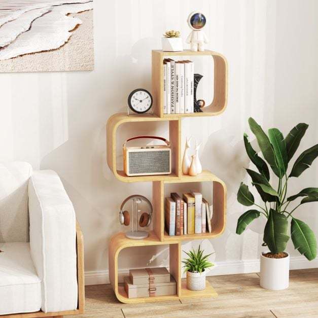Set of 2 S-Shaped Bookcase Bamboo Bookshelf with 2 Open Cubes-3-Tier