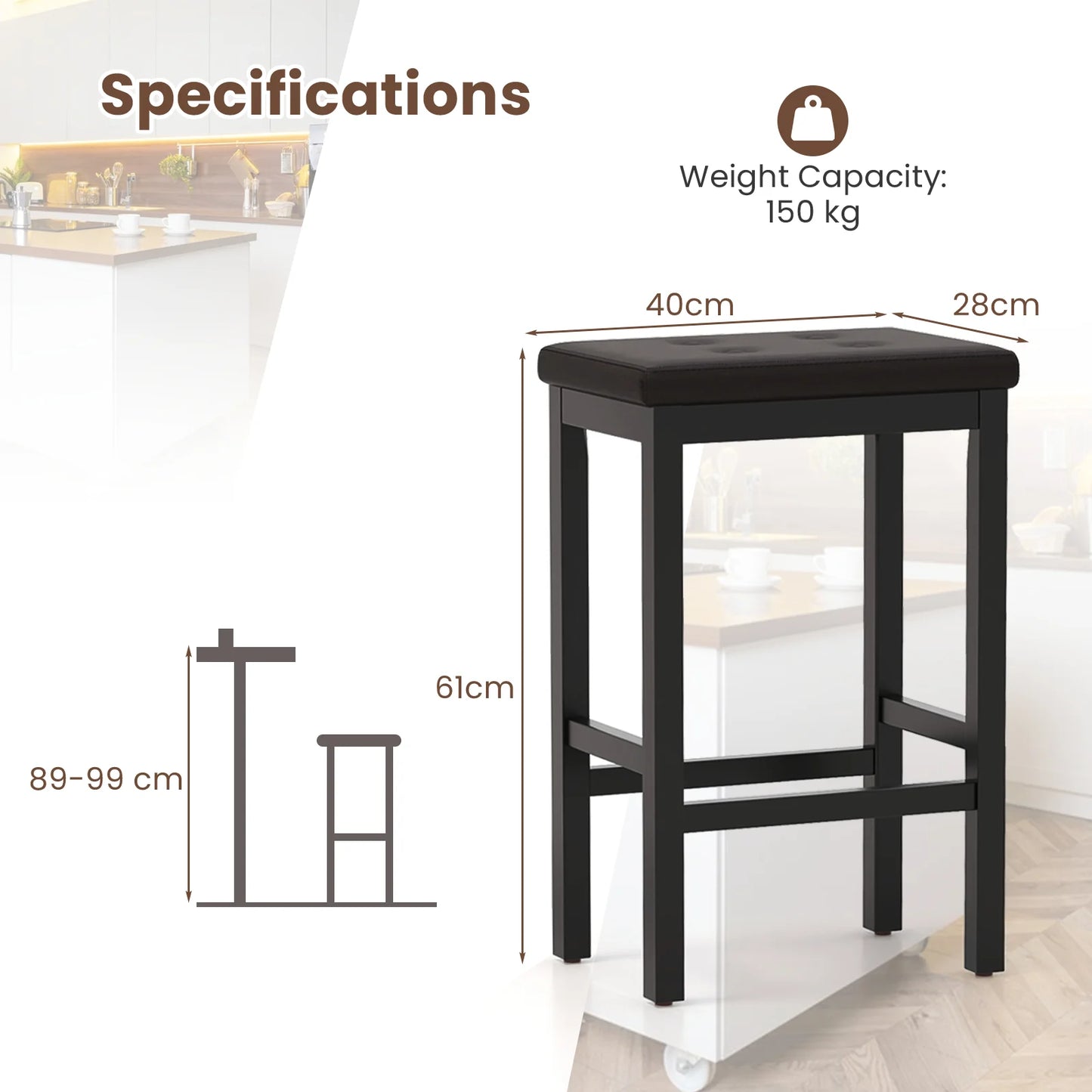 Set of 4 Bar Stools with Padded Seat and Footrest-Brown
