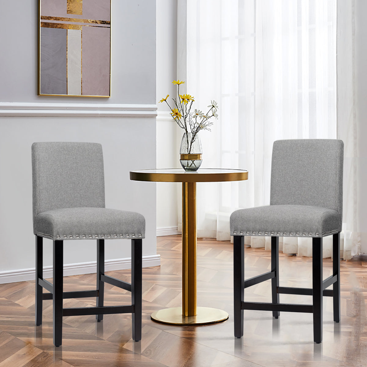 Set of 2 Bar Stool Upholstered Fabric with Low Backrest and Wide Seat-Beige