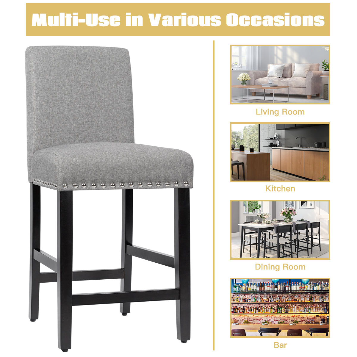 Set of 2 Bar Stool Upholstered Fabric with Low Backrest and Wide Seat-Beige