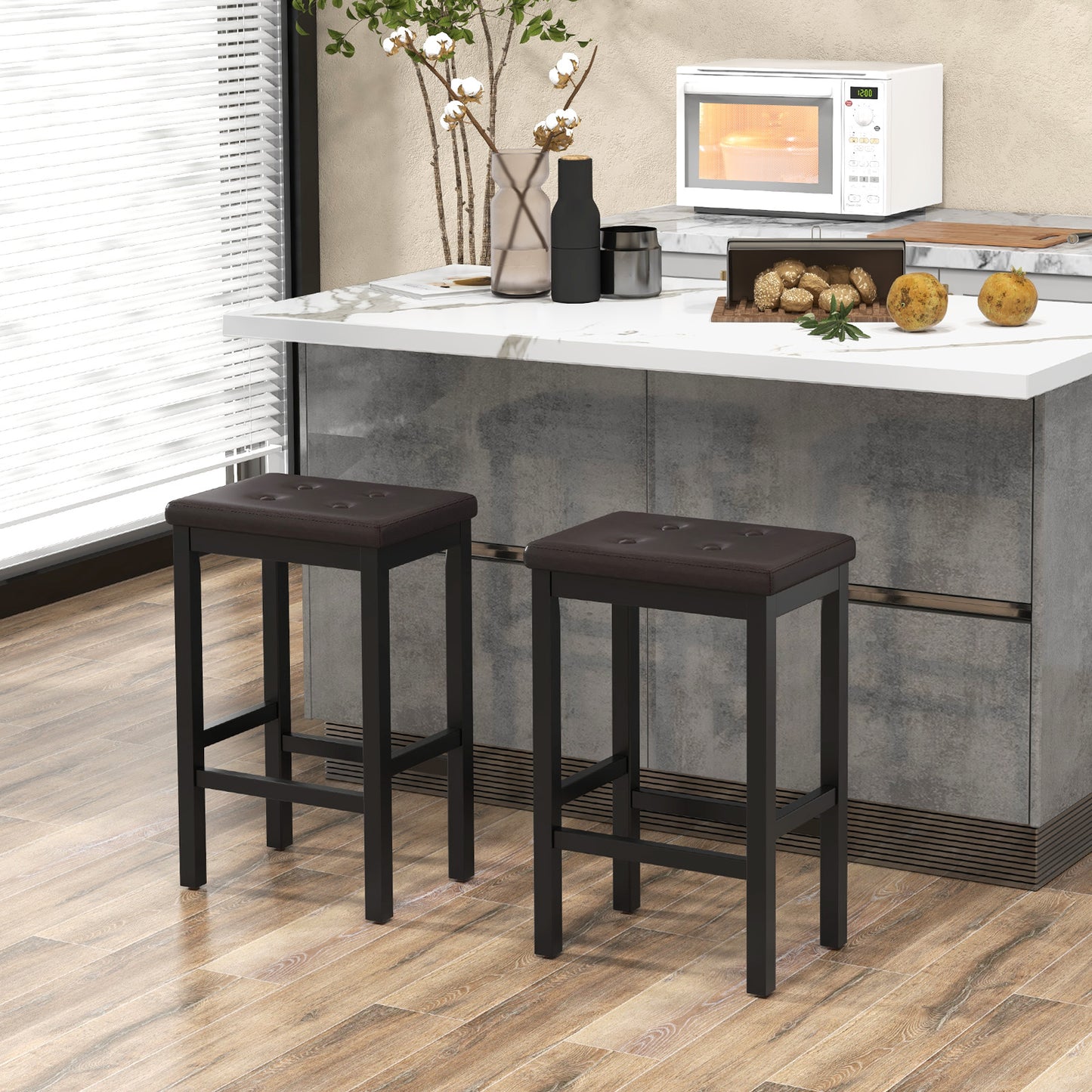 Set of 2 Bar Stools with Padded Seat and Footrest-White