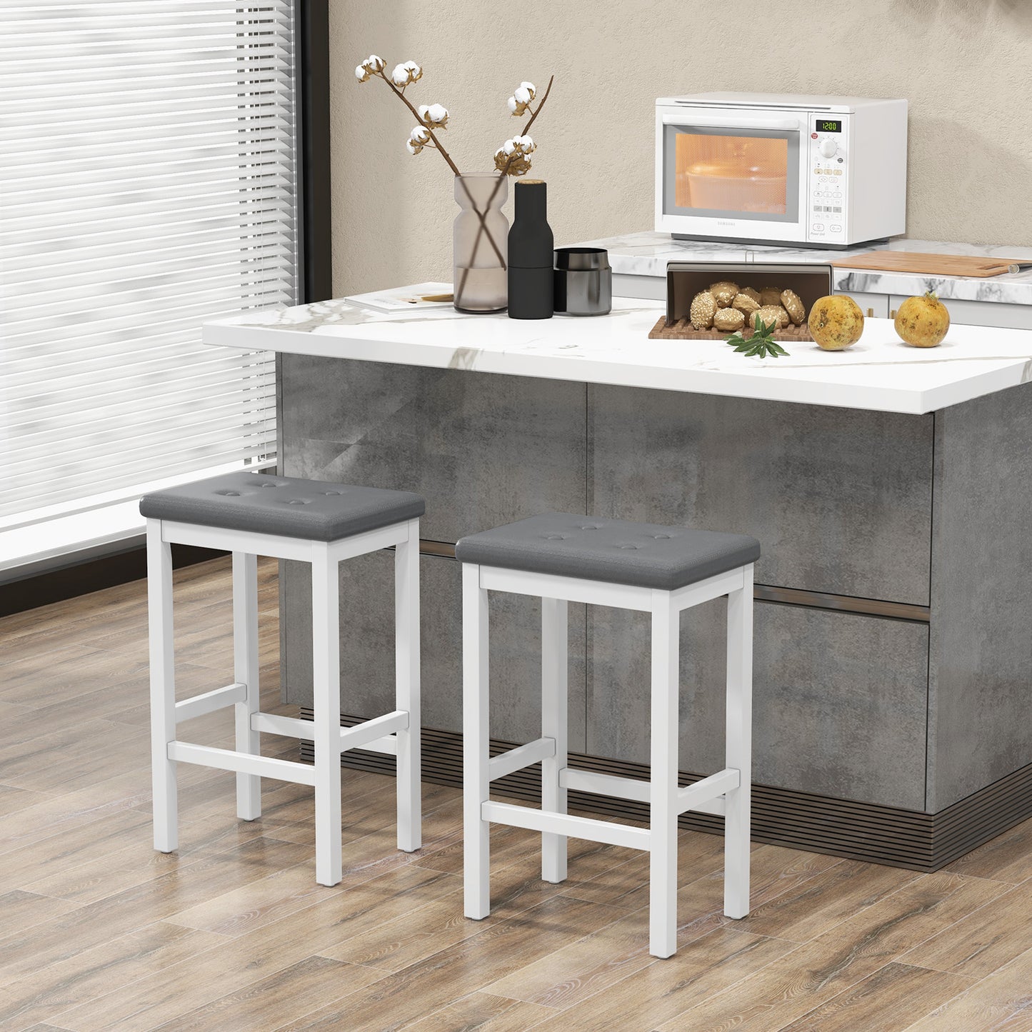 Set of 2 Bar Stools with Padded Seat and Footrest-White