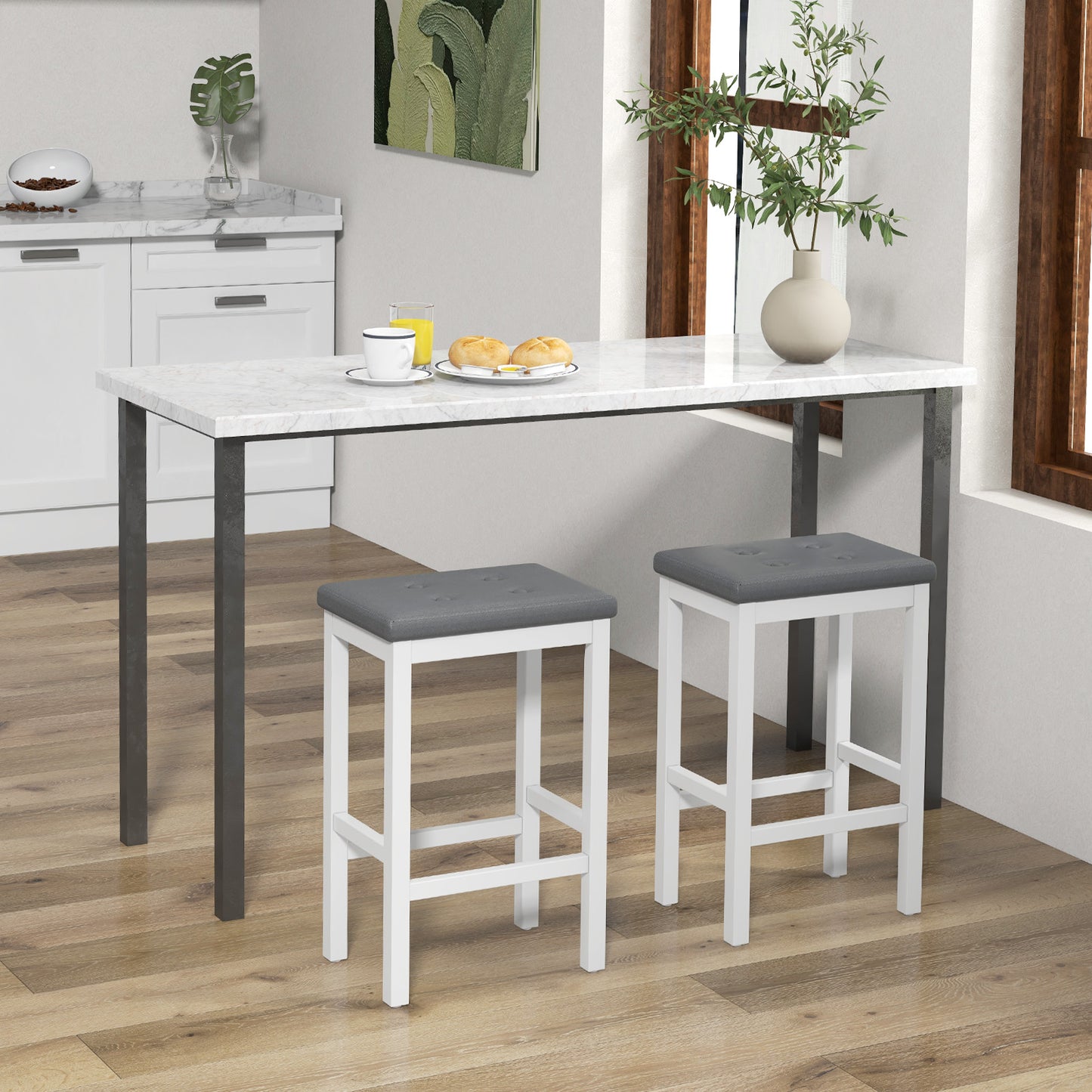 Set of 2 Bar Stools with Padded Seat and Footrest-White