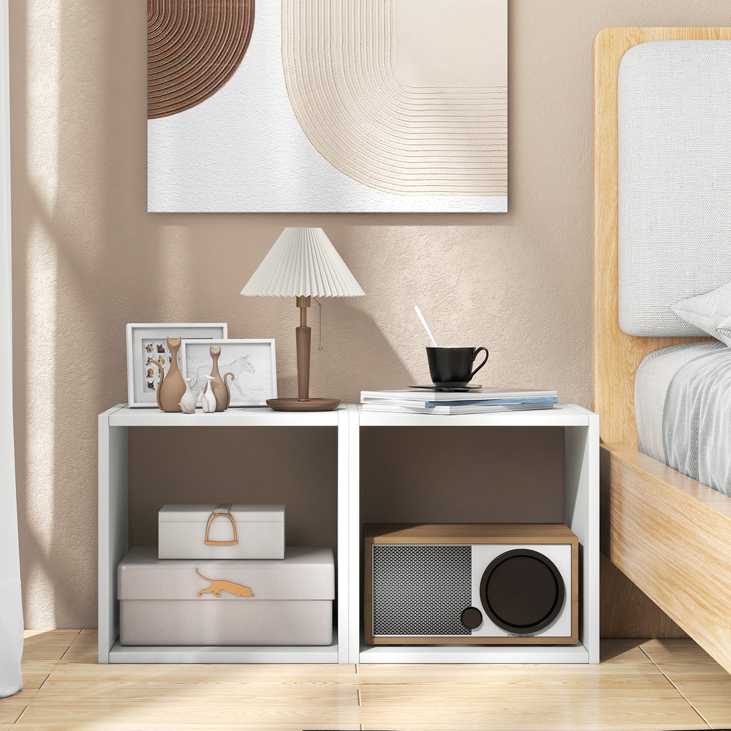 Set of 2 Bookcase Stackable Nightstand with Storage Cubes-Natural