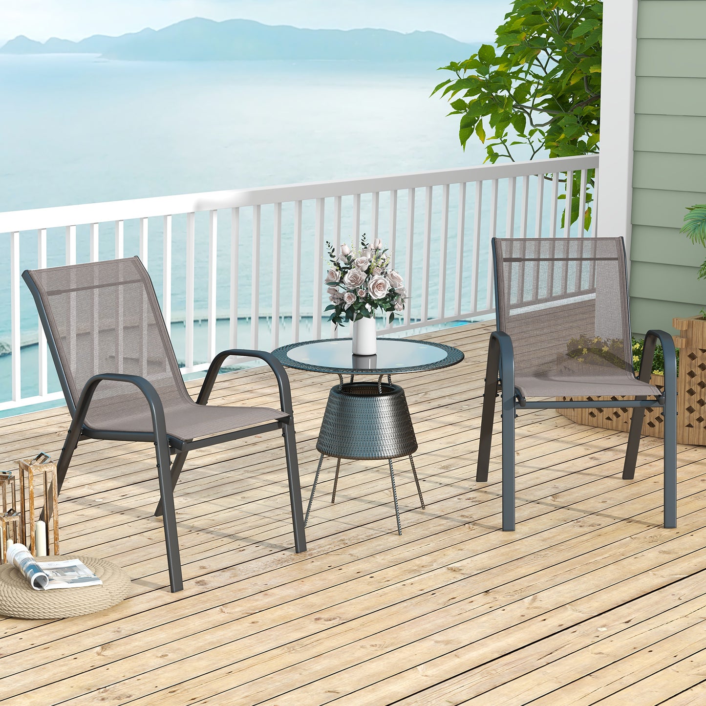 Set of 2 Patio Stackable Metal Dining Chairs with Armrests-Black