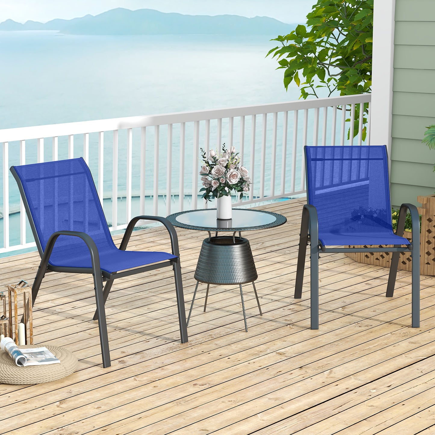 Set of 2 Patio Stackable Metal Dining Chairs with Armrests-Black
