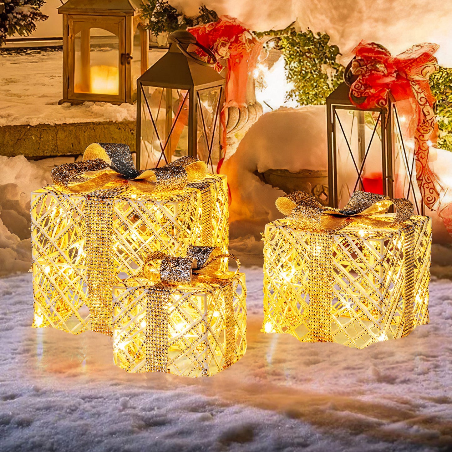 Set of 3 Christmas Lighted Gift Boxes with Bows and Ground Stakes