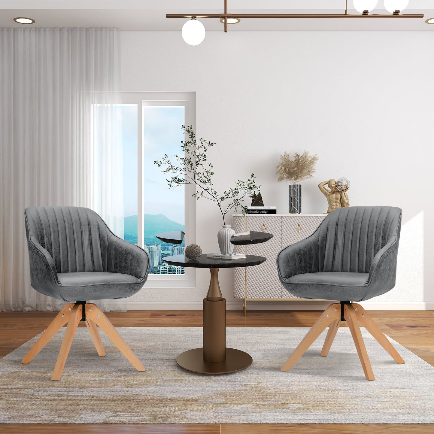 Set of 4 360° Swivel Accent Chair with Solid Wood Legs-Blue