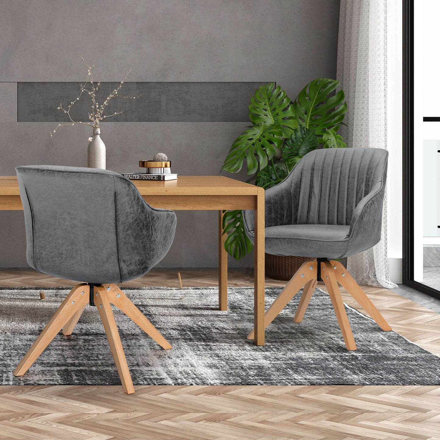 Set of 4 360° Swivel Accent Chair with Solid Wood Legs-Blue