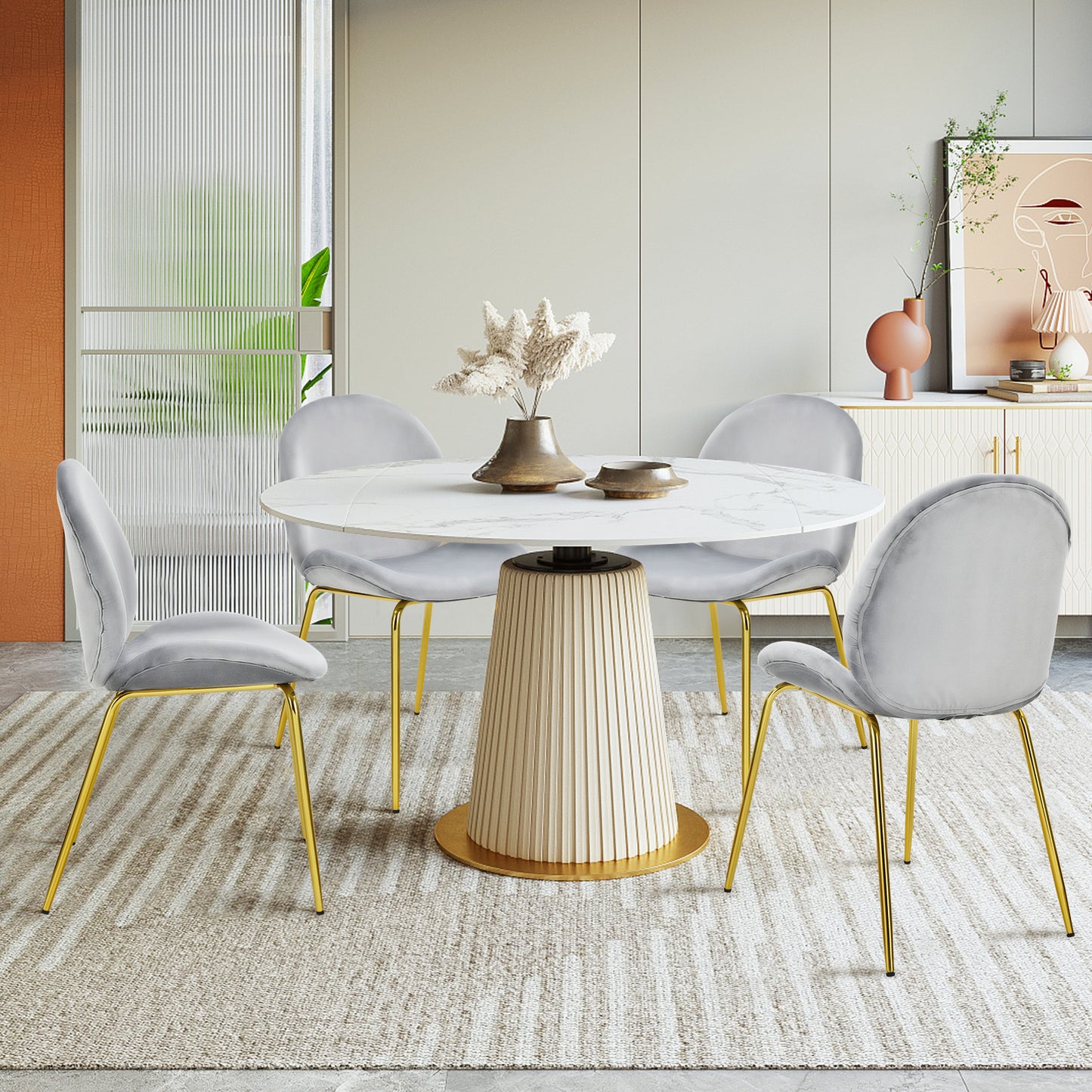 Set of 4 Velvet Dining Chair with Golden Finished Steel Legs-Grey