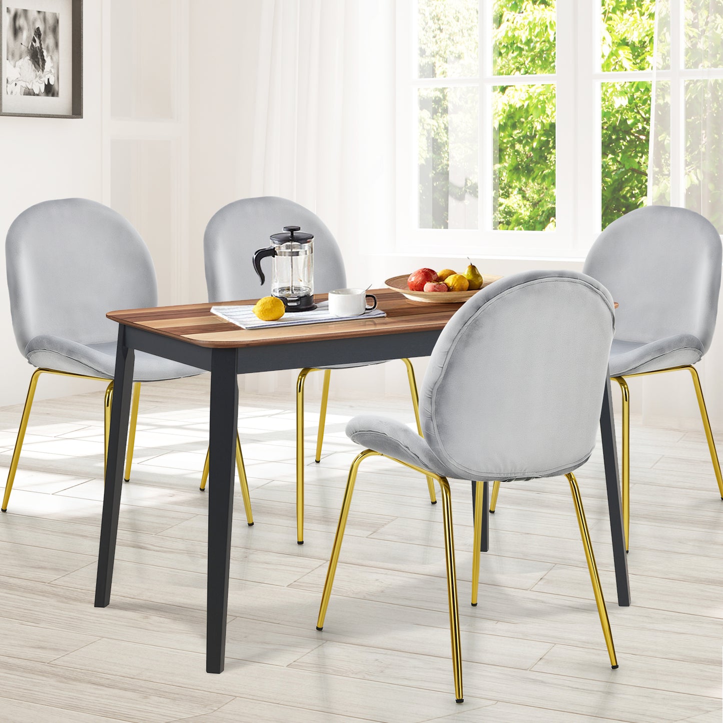 Set of 4 Velvet Dining Chair with Golden Finished Steel Legs-Grey