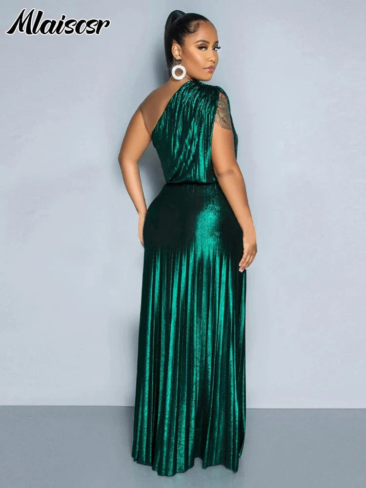 Women's Metallic Golden One Shoulder Sleeveless Pleated A-Line Long Dress Elegant Luxury Evening Gowns