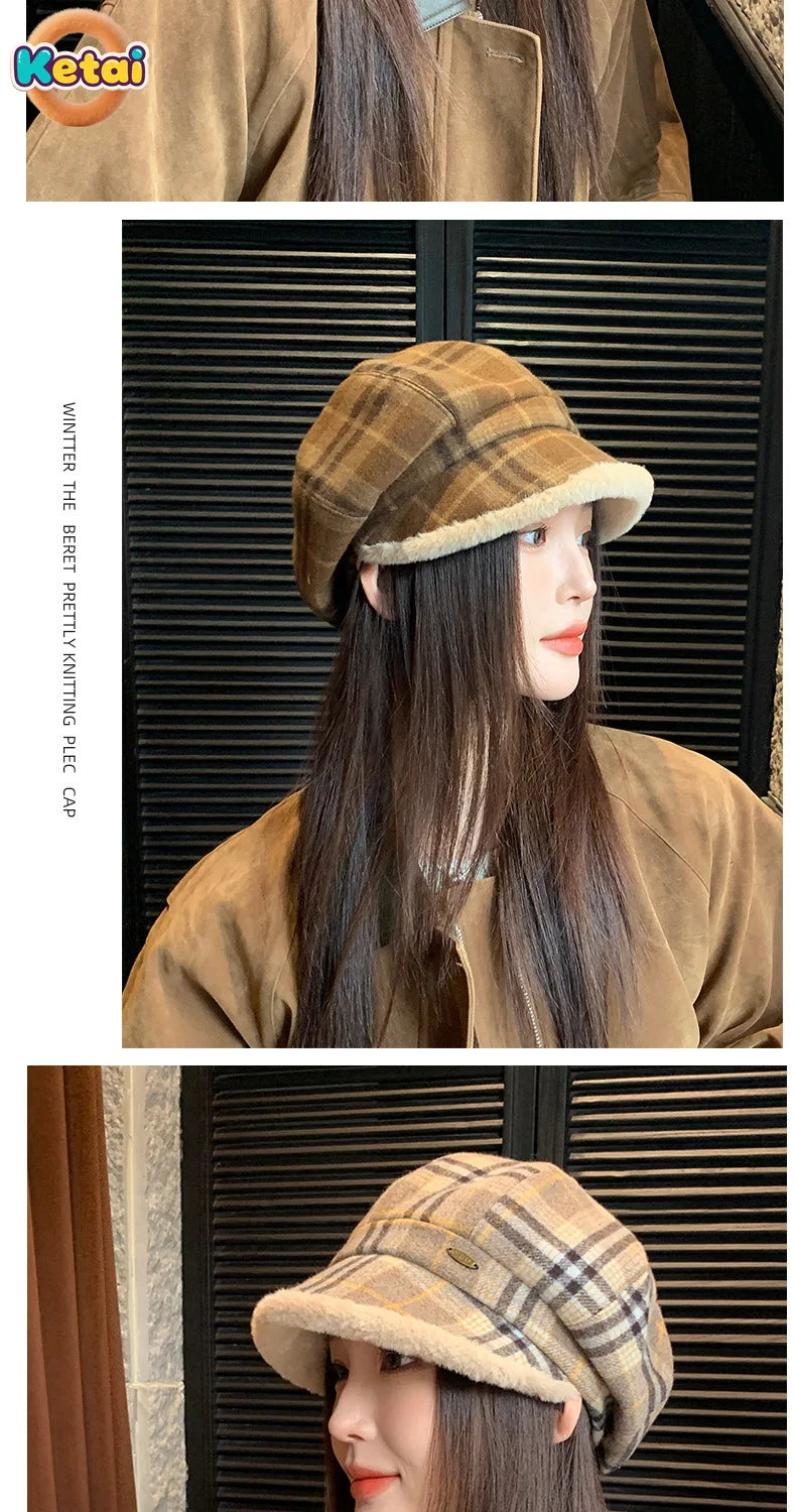 Winter Vintage Plaid Plush Warm Octagonal Women's Hat