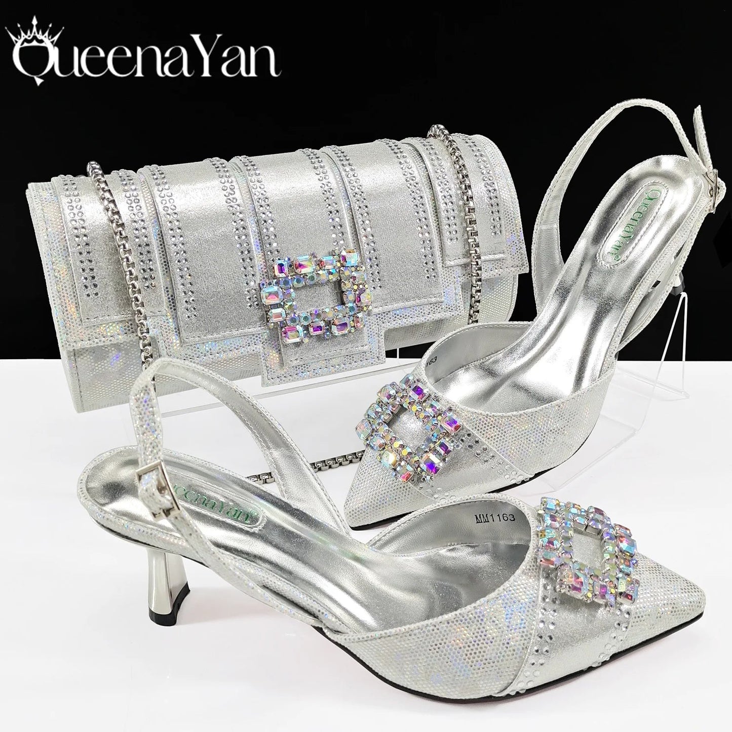 Nigeria Elegant Noble Party Wedding Shoes And Bag Pointed Toe Decorated With Rhinestone Women's Heel Shoes