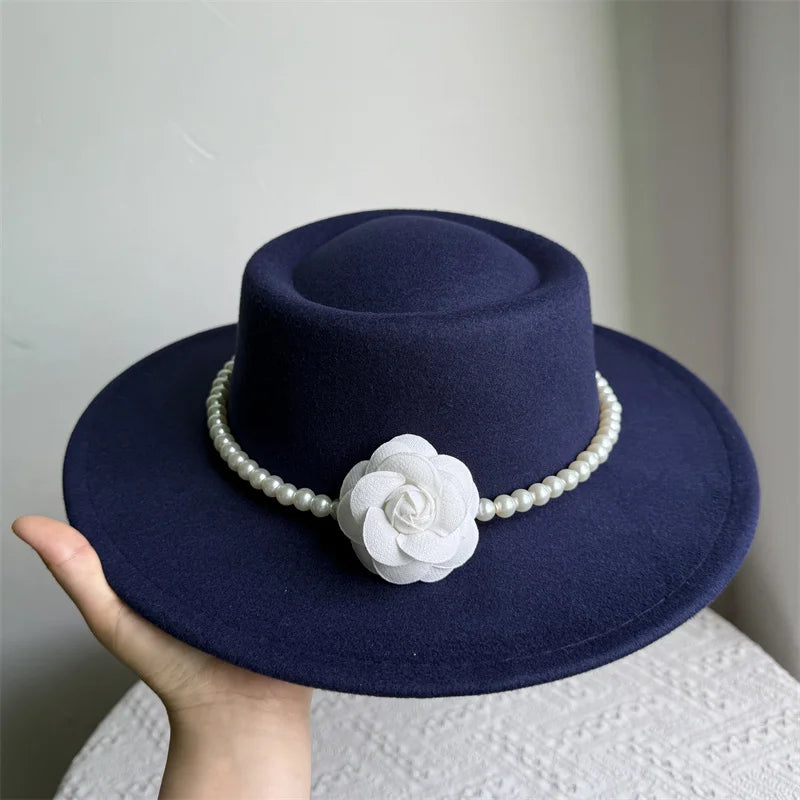 Women's Fashionable Fedora Hat 10CM Wide Brim Flat Top Felt Hats For Wedding And Jazz