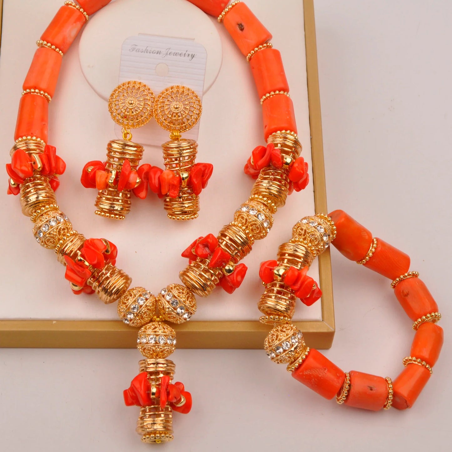 Natural coral beads orange necklace set for stylish Nigerian wedding couple African jewelry
