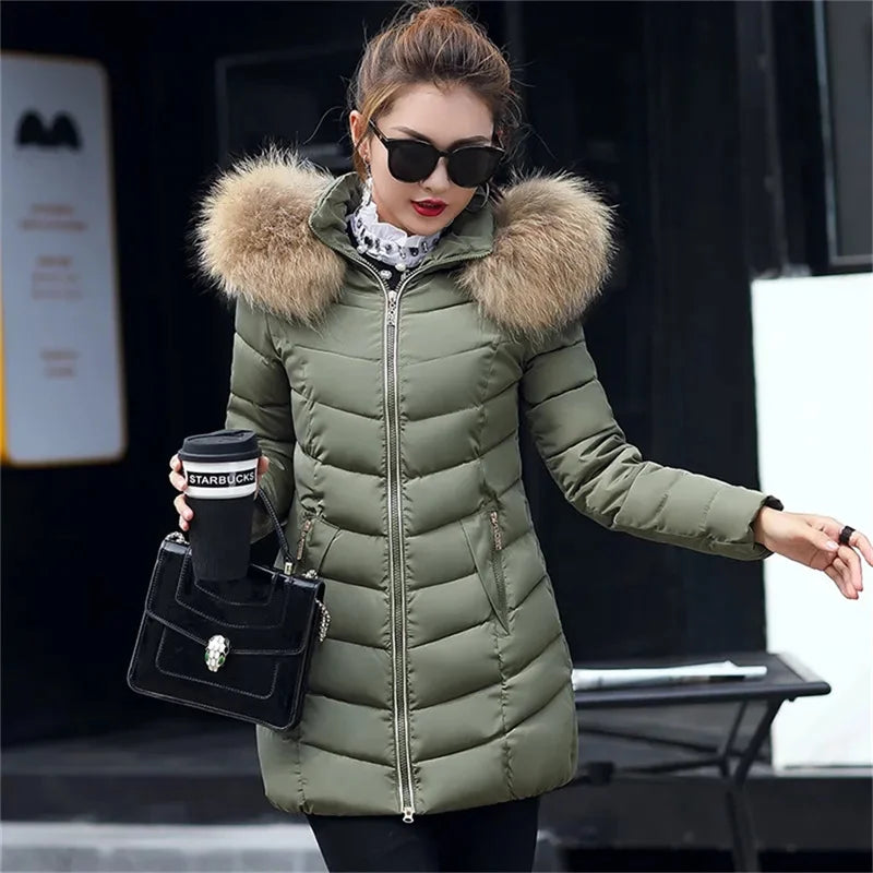 Winter Warm Fur Collar Hooded Women's Comfortable Zipper Pockets Jacket
