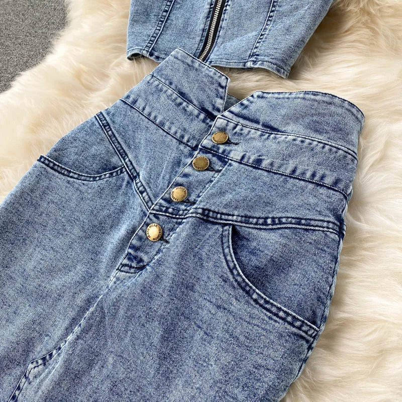 CM.YAYA Women Denim Sets Sleeveless Strap Crop Top and Long Skirts Suits 2024 Summer Jeans Streetwear Two 2 Piece Sets Outfits
