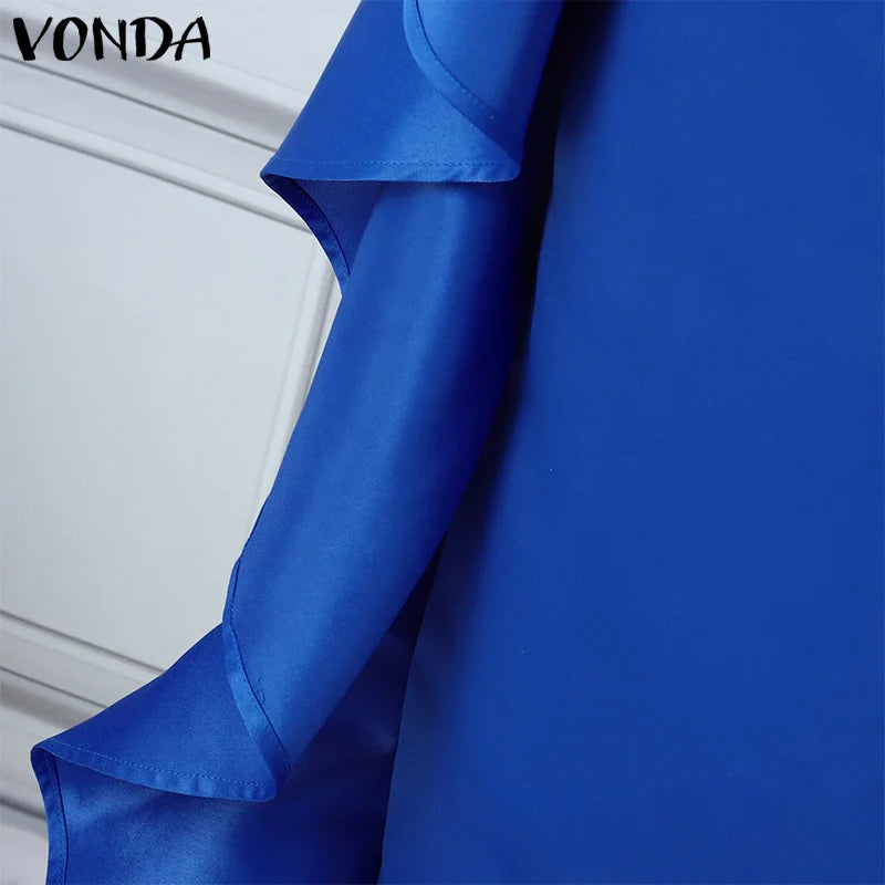 Plus Size 5XL Bohemian Maxi Long Dress 2025 VONDA Women Elegant Satin Dress Ruffle Sundress Casual Vestidos Solid Color Robe