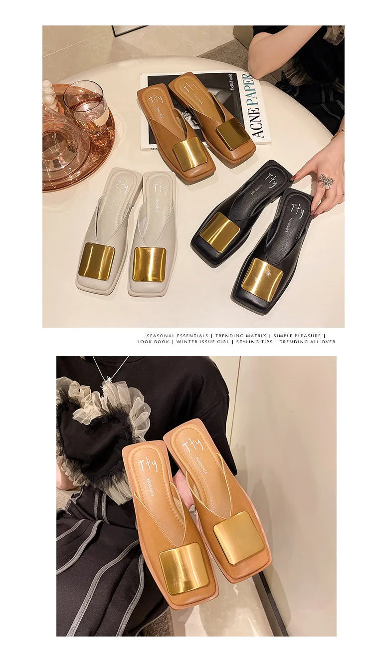 Baotou Slippers Women Wear 2024 New Korean Version of Lazy Metal Buckle Sandals Slip-on Sandals
