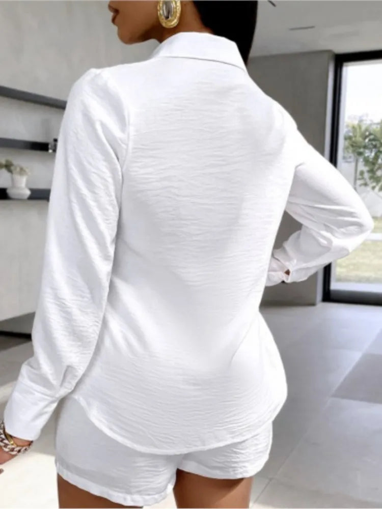 Female Fashion Short Pants Sets Shirt Tops Turn Down Collar Long Sleeve High Waist Pants 2 Piece Outfits For Women Summer New