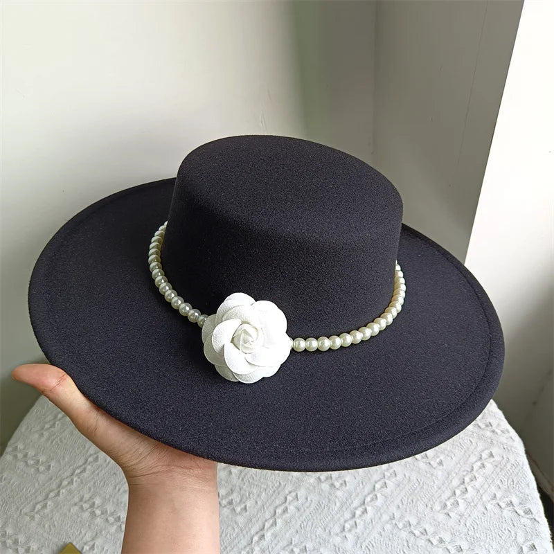 Women's Fashionable Fedora Hat 10CM Wide Brim Flat Top Felt Hats For Wedding And Jazz