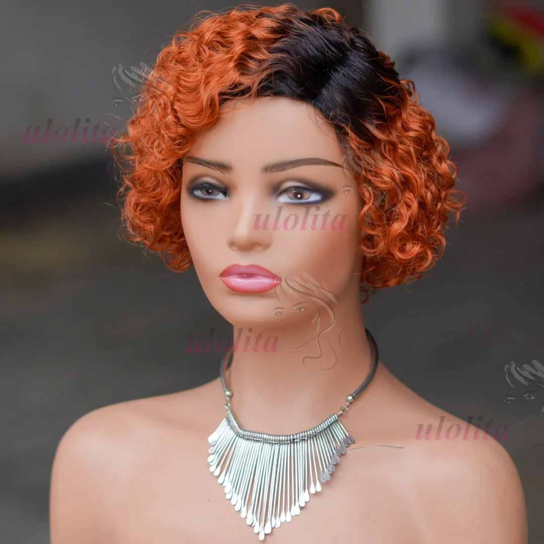 Ombre Blonde T1B27Pixie Cut Short Curly Bob Side Part Non Lace Front 100% Brazilian Human Hair Wigs