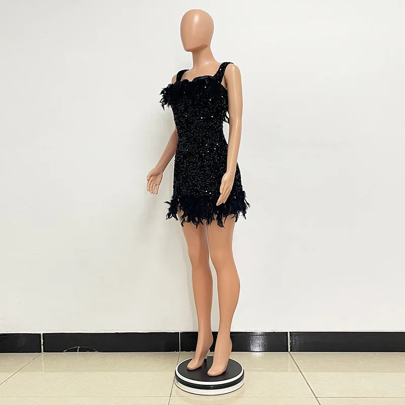 Spring And Summer Women's Clothing MINI Short Solid Color New Wind Sequins Halter Beach Dress One-word Shoulder Feathers Spice G