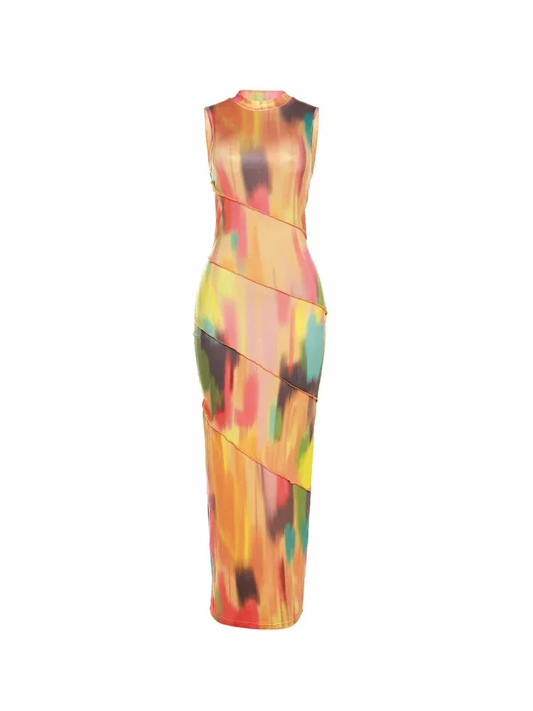 BWQ Colorful Tie-dye O-neck Maxi Dress Women Hipster Topstitch Patchwork Sleeveless Slim Robe Female Streetwear Vestido