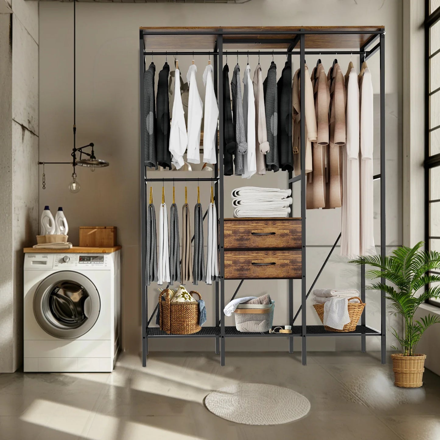 Industrial Coat Rack Stand, Open Wardrobe, Clothes Rail with 2 Drawer and Shelves, Bedroom Storage, Hanging Bar, XXL