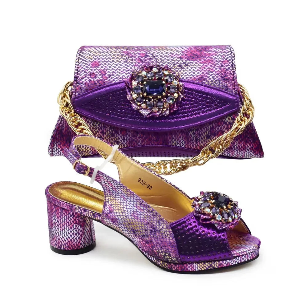 Italian Shoes and Bags Matching Set Decorated with Rhinestone
