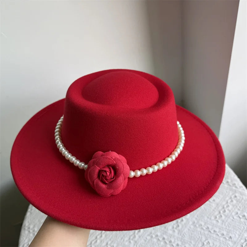 Women's Fashionable Fedora Hat 10CM Wide Brim Flat Top Felt Hats For Wedding And Jazz