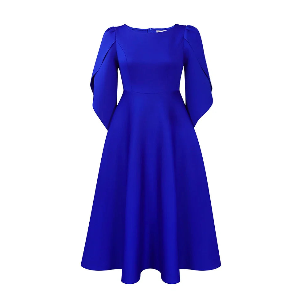 Elegant Dress Woman 2024 Wedding Party Round Neck Half Sleeve High Waisted Pleated Mid Calf Luxury Birthday Dinner Vestidos Robe