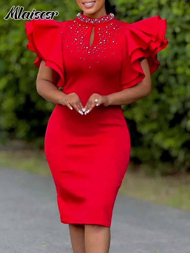 Mlaiscsr Elegant Wedding Guest Dresses Women Office O Neck Beads Ruffle Short Sleeve Birthday Prom Event Occasion African Robe
